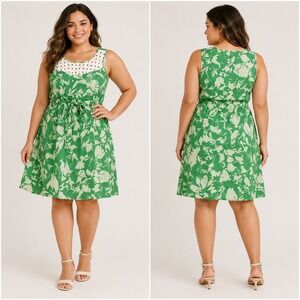 Bethany Green White Floral Sleeveless Crochet Neck Tie Waist Dress Size 14